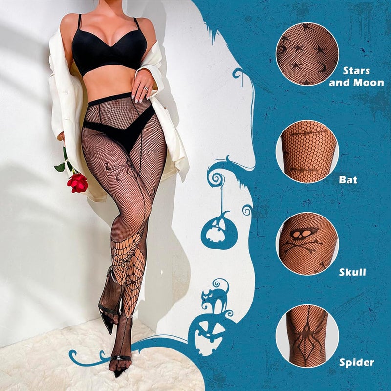 QZUnique Halloween Fishnet Stockings Tights for women - Halloween High Waist Tights,Skull Spiderweb Lace Fishnet Stockings - Image 4